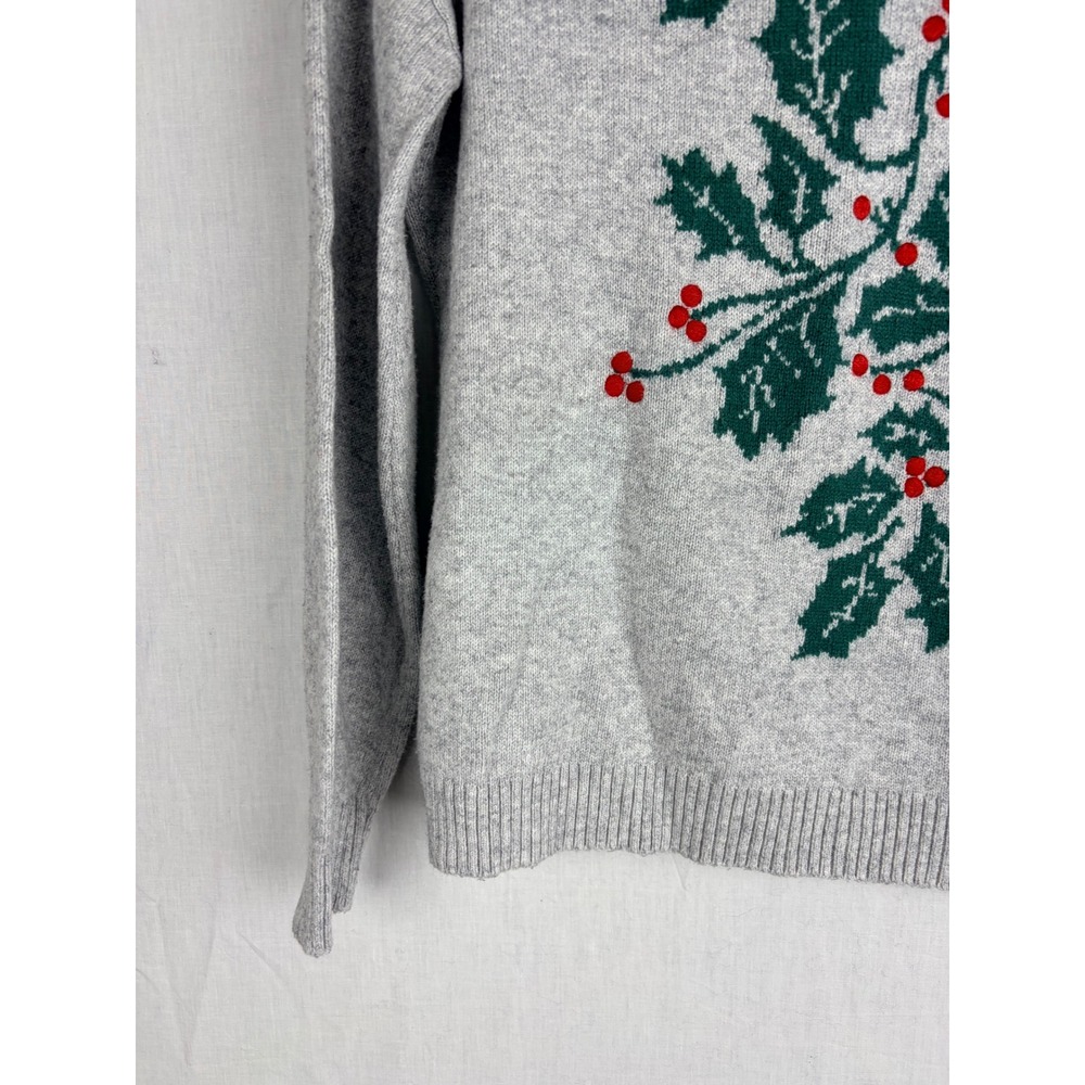 Talbots Womens Gray Holly Berry Intarsia Holiday Christmas Crewneck Sweater M - Picture 5 of 14
